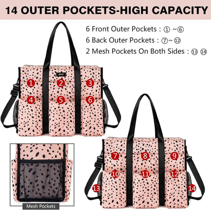 Utility Tote Bag with 24 Pockets, Large Teacher Travel Tote for Women