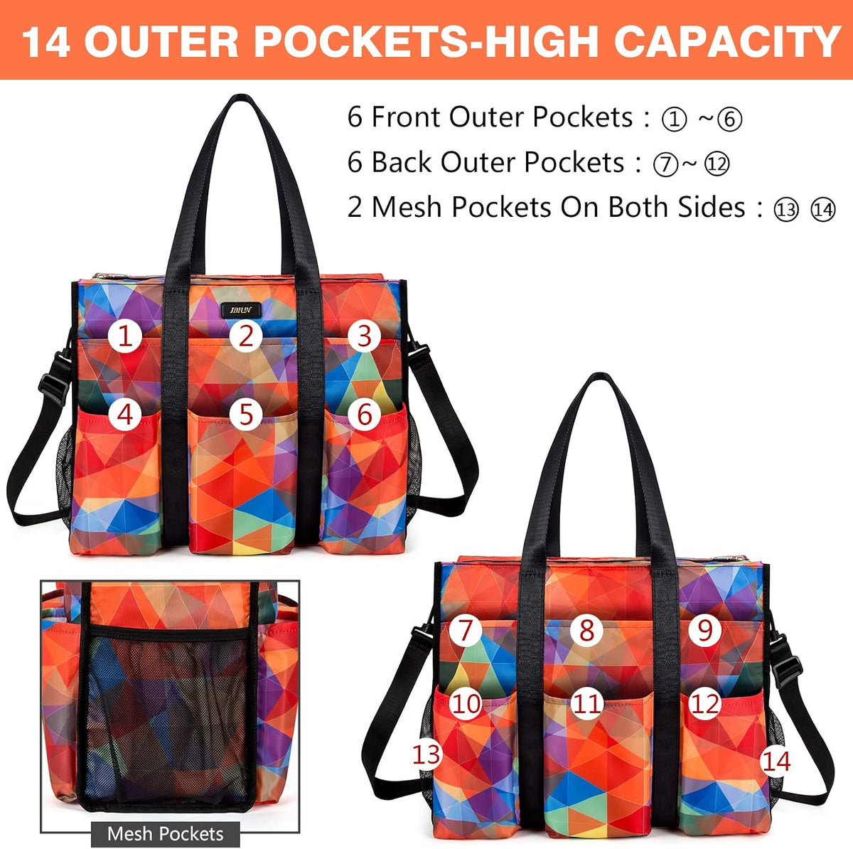 Utility Tote Bag with 24 Pockets, Large Teacher Travel Tote for Women