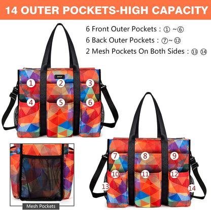 Utility Tote Bag with 24 Pockets, Large Teacher Travel Tote for Women