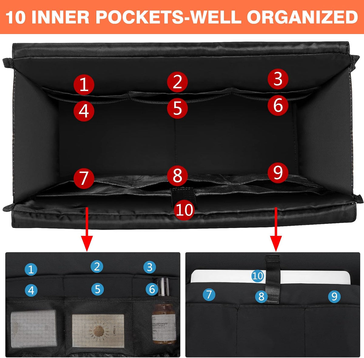 Utility Tote Bag with 24 Pockets, Large Teacher Travel Tote for Women