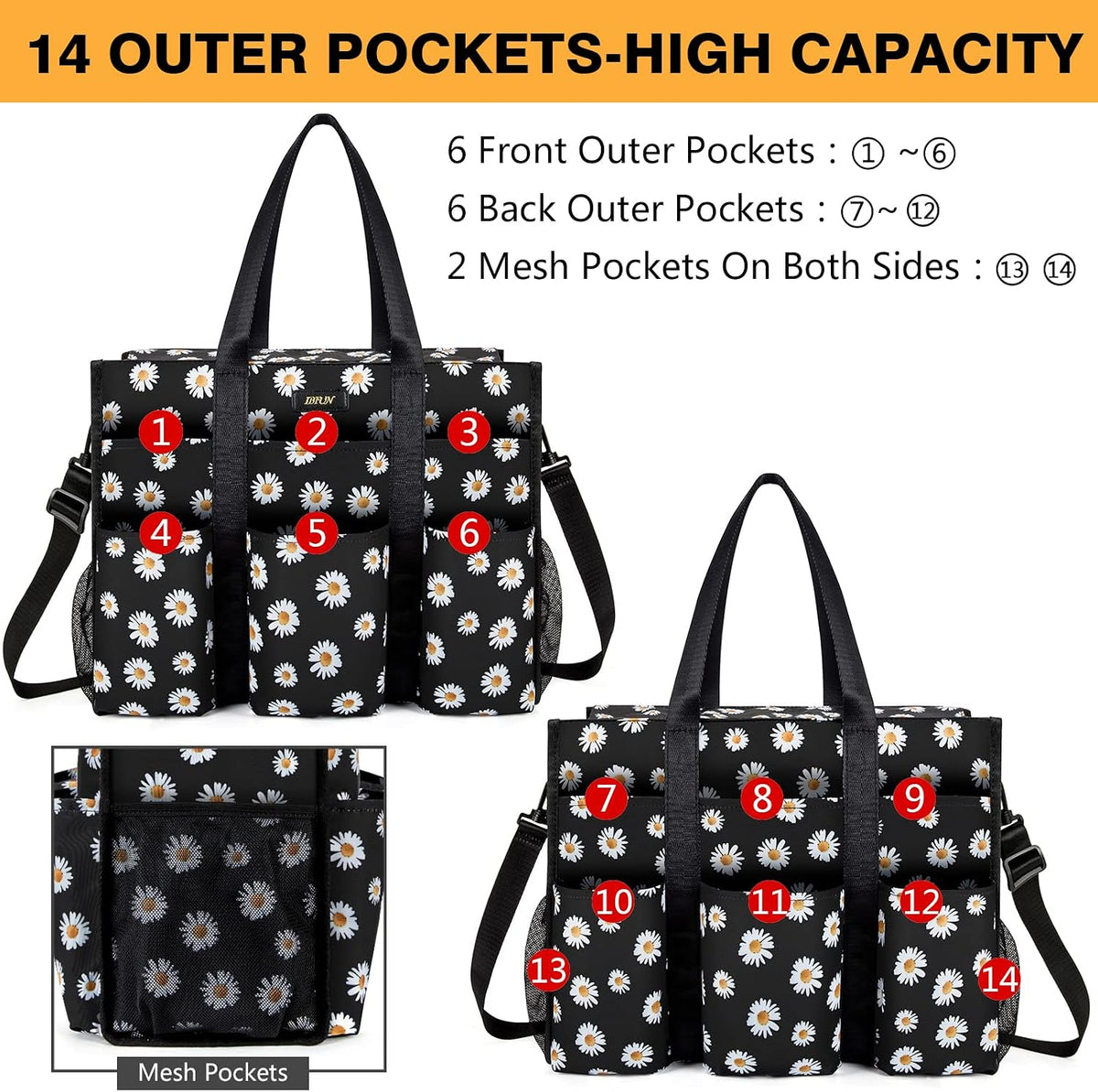Utility Tote Bag with 24 Pockets, Large Teacher Travel Tote for Women