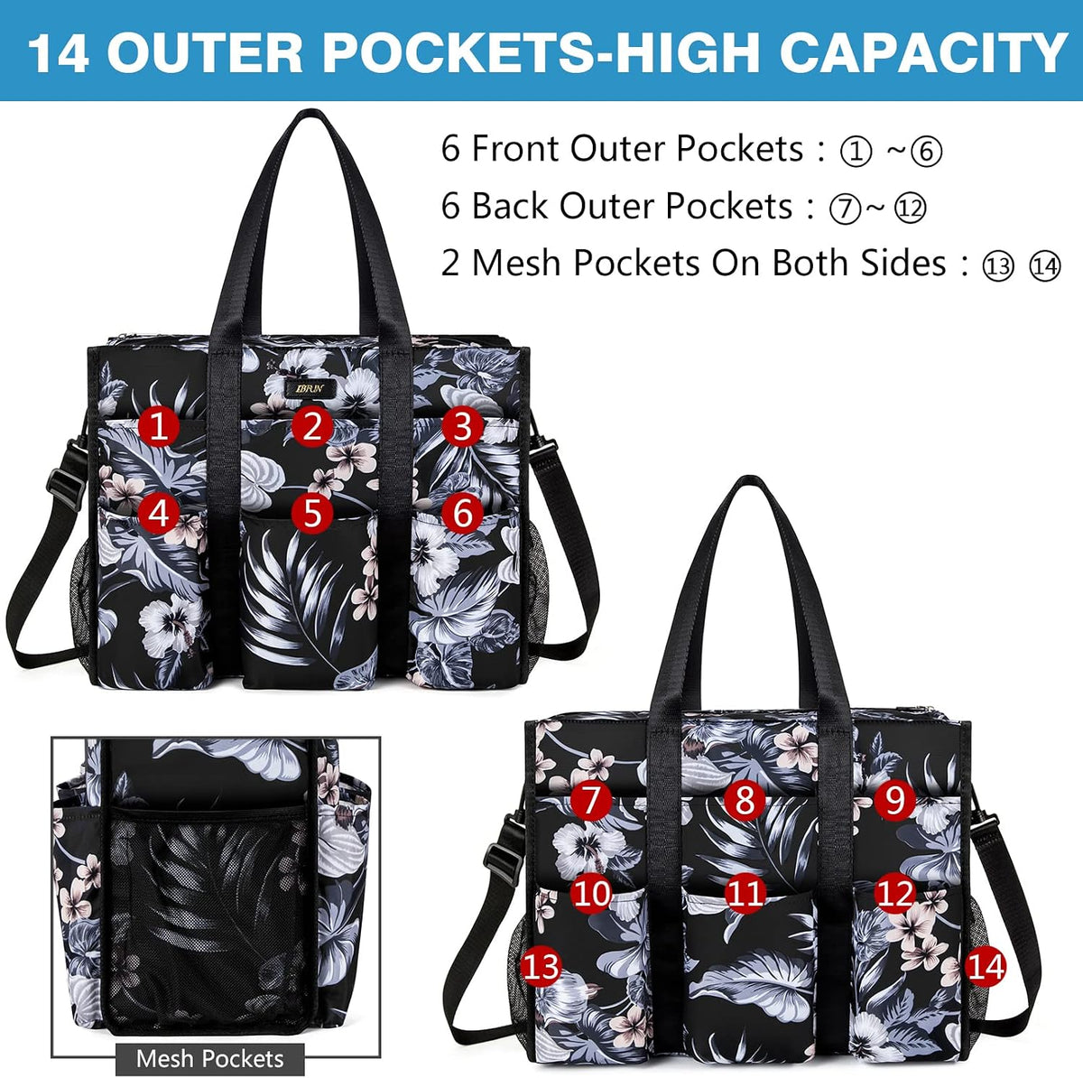 Utility Tote Bag with 24 Pockets, Large Teacher Travel Tote for Women