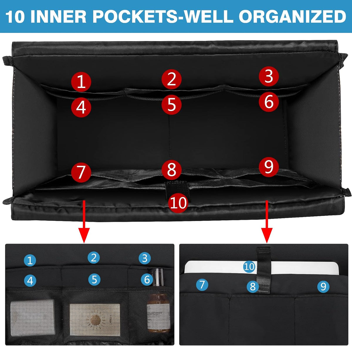 Utility Tote Bag with 24 Pockets, Large Teacher Travel Tote for Women