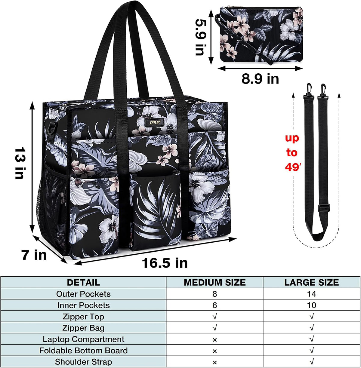 Utility Tote Bag with 24 Pockets, Large Teacher Travel Tote for Women