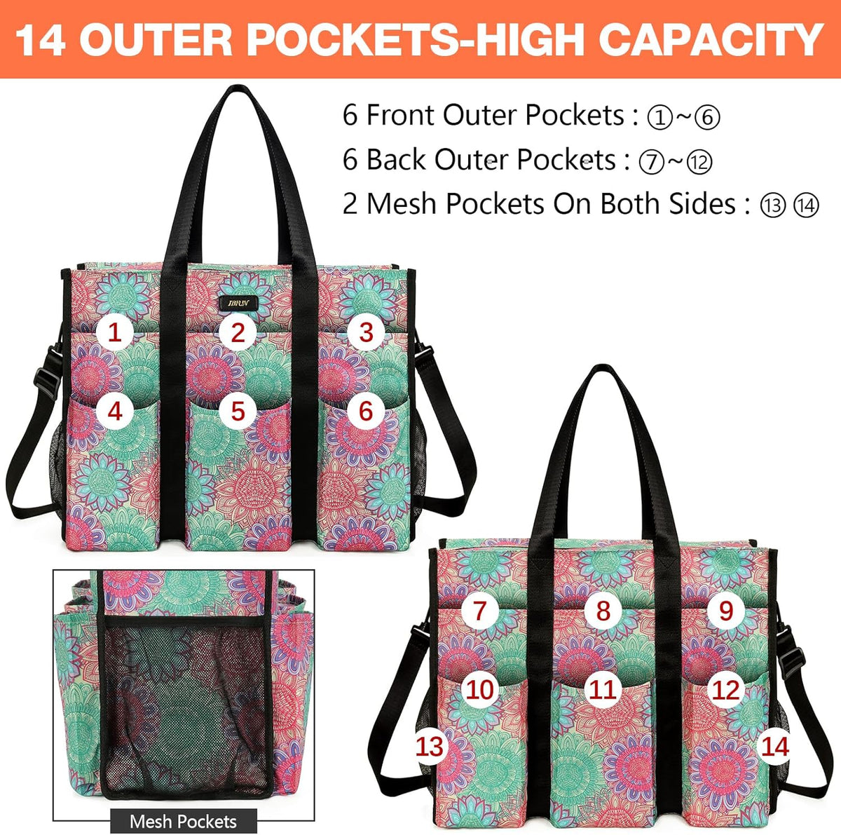 Utility Tote Bag with 24 Pockets, Large Teacher Travel Tote for Women