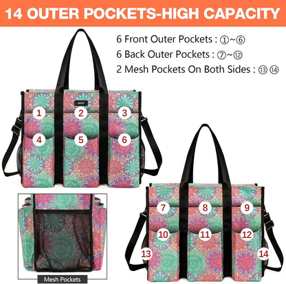 Utility Tote Bag with 24 Pockets, Large Teacher Travel Tote for Women