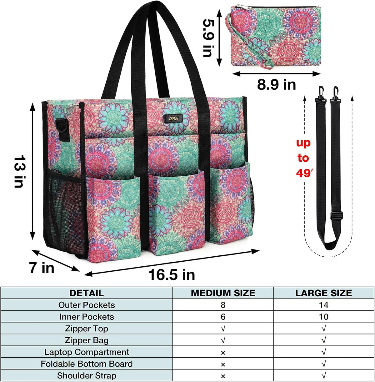 Utility Tote Bag with 24 Pockets, Large Teacher Travel Tote for Women