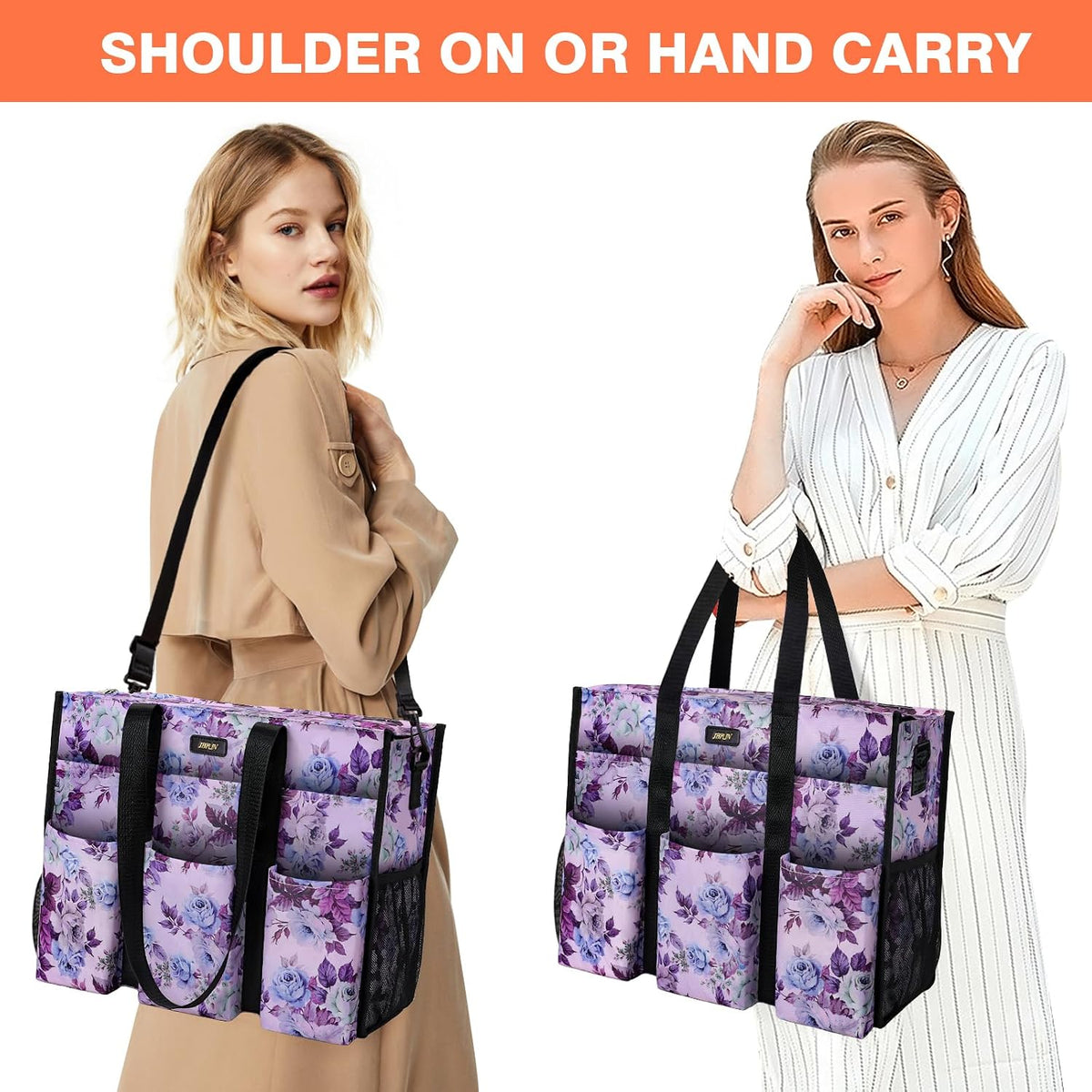 Utility Tote Bag with 24 Pockets, Large Teacher Travel Tote for Women