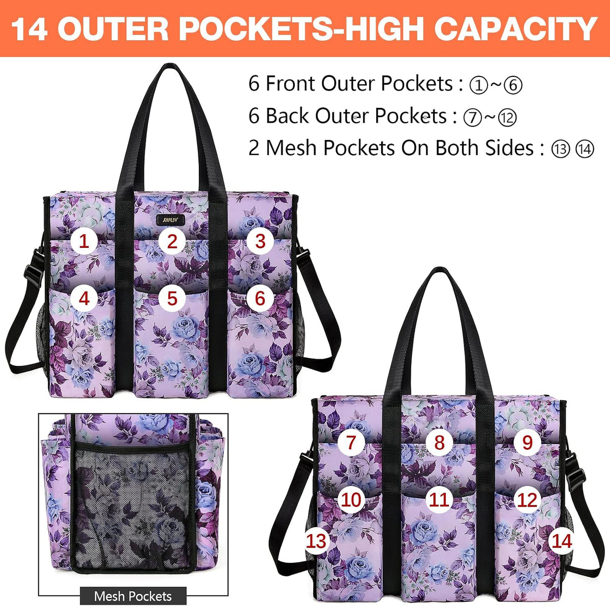 Utility Tote Bag with 24 Pockets, Large Teacher Travel Tote for Women