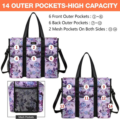 Utility Tote Bag with 24 Pockets, Large Teacher Travel Tote for Women