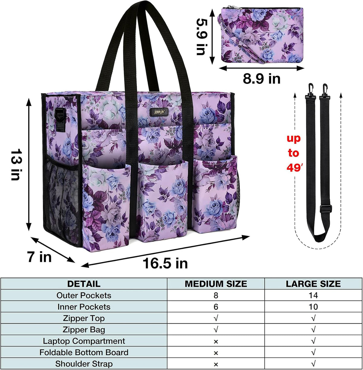 Utility Tote Bag with 24 Pockets, Large Teacher Travel Tote for Women