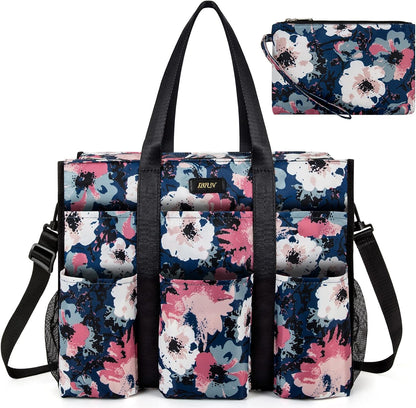 Utility Tote Bag with 24 Pockets, Large Teacher Travel Tote for Women