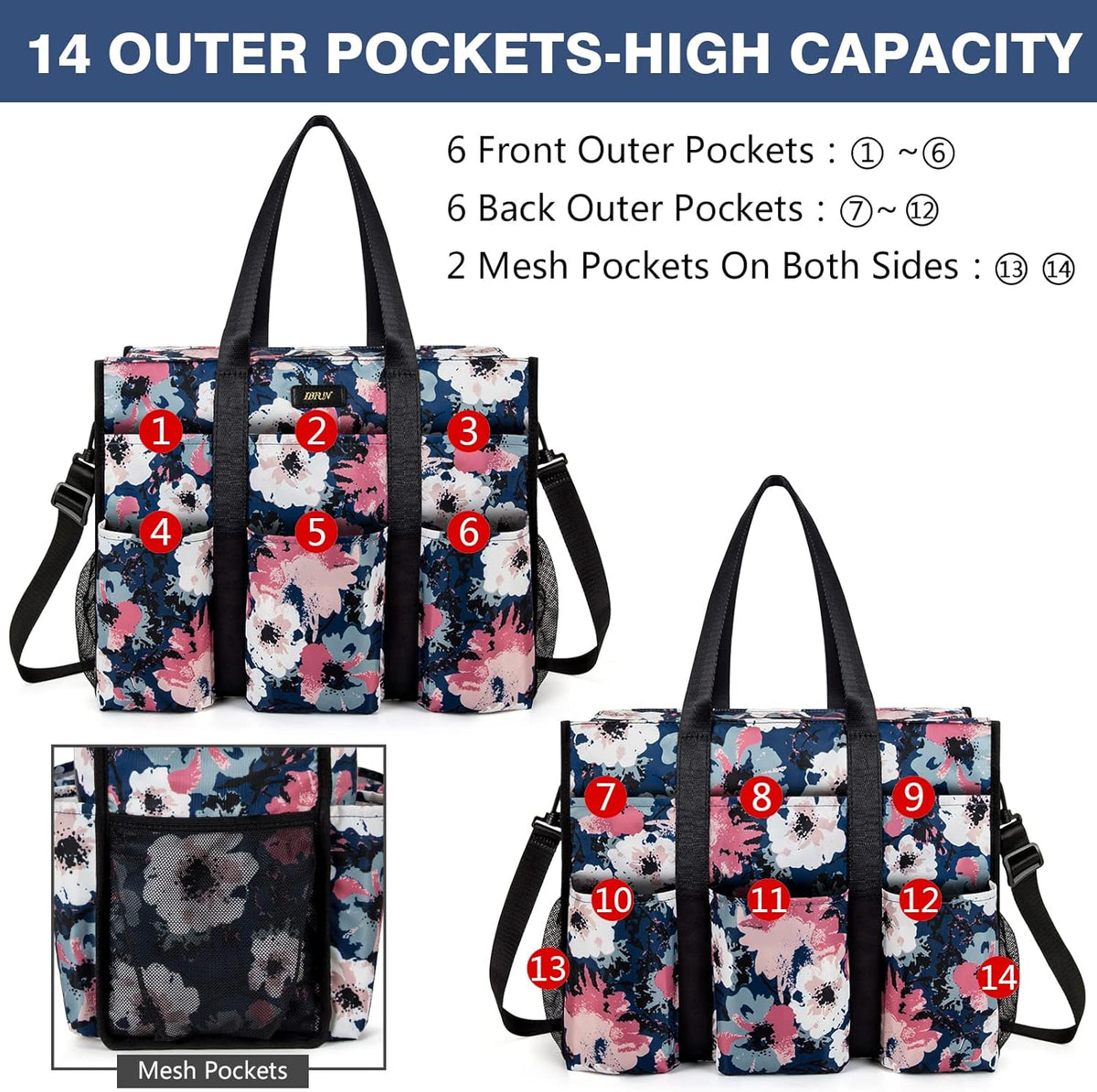 Utility Tote Bag with 24 Pockets, Large Teacher Travel Tote for Women