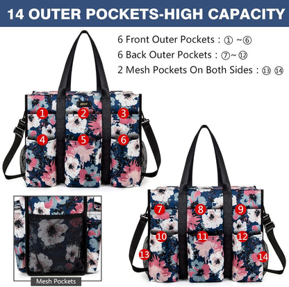 Utility Tote Bag with 24 Pockets, Large Teacher Travel Tote for Women