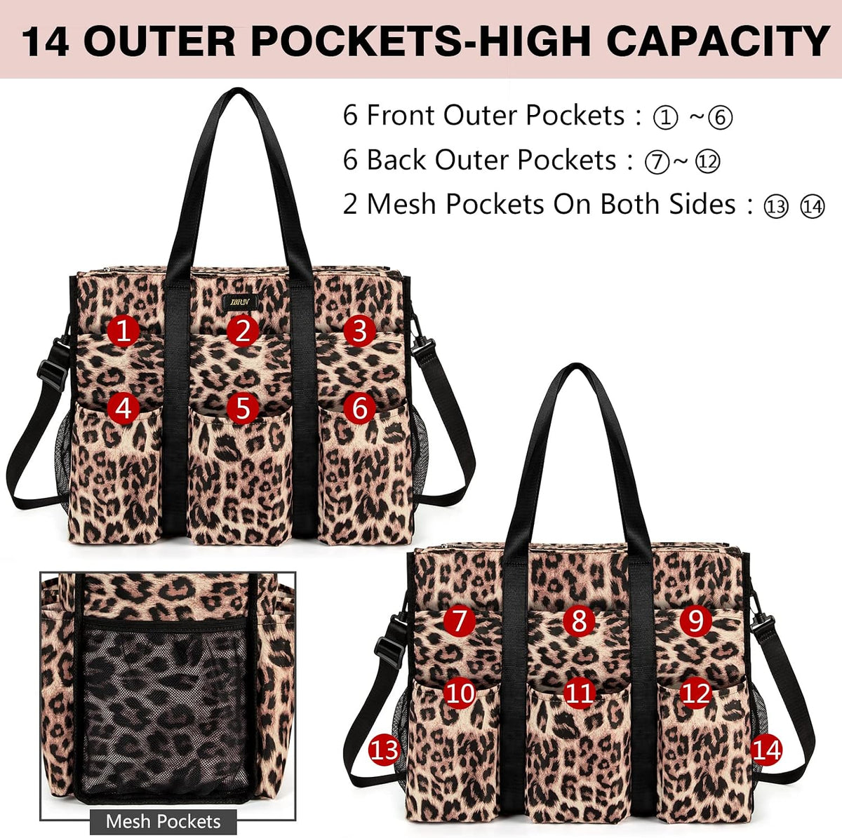 Utility Tote Bag with 24 Pockets, Large Teacher Travel Tote for Women