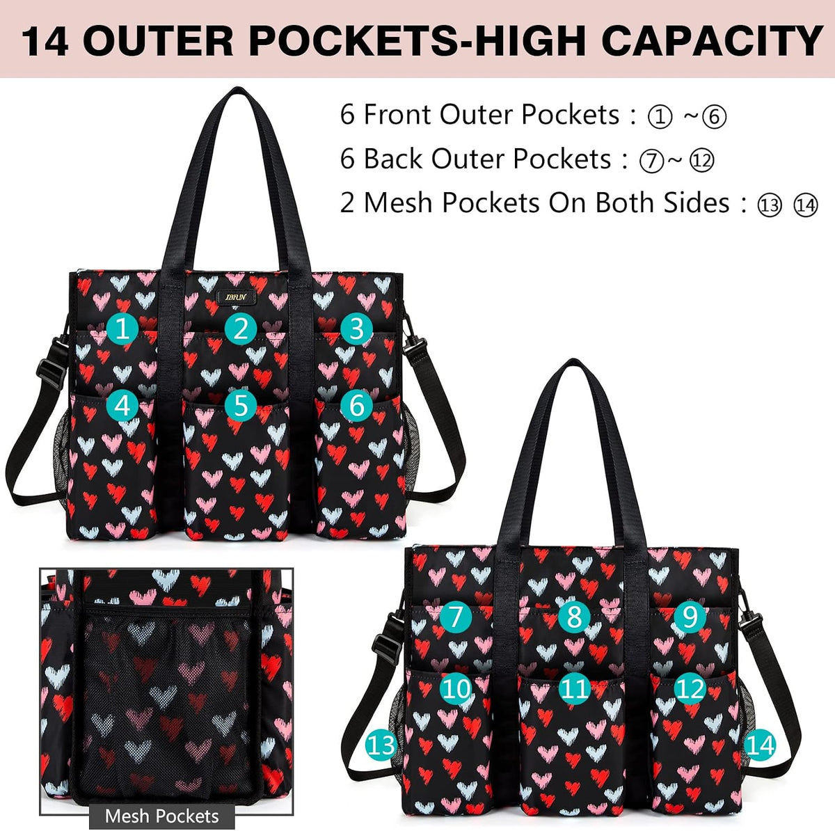 Utility Tote Bag with 24 Pockets, Large Teacher Travel Tote for Women
