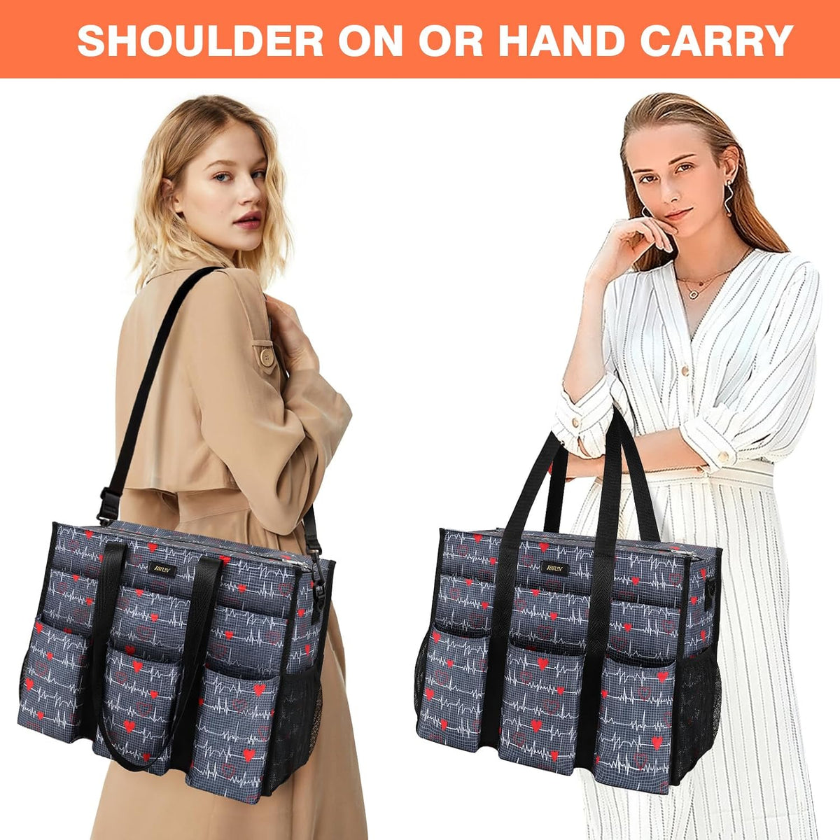Utility Tote Bag with 24 Pockets, Large Teacher Travel Tote for Women
