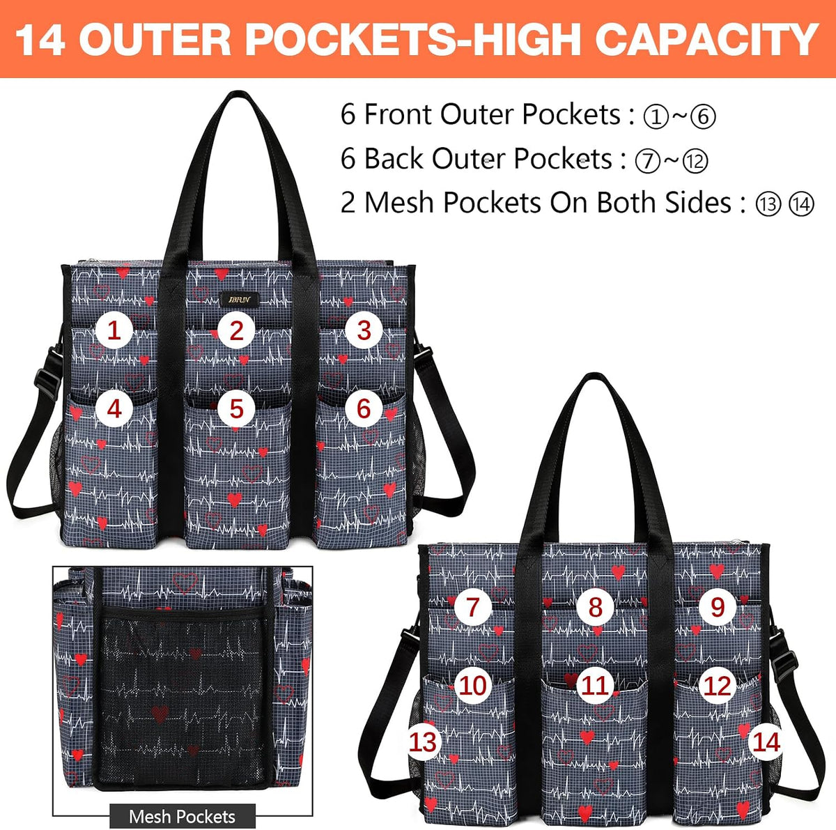 Utility Tote Bag with 24 Pockets, Large Teacher Travel Tote for Women