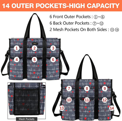 Utility Tote Bag with 24 Pockets, Large Teacher Travel Tote for Women