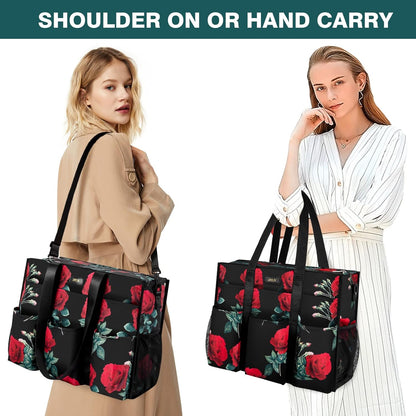 Utility Tote Bag with 24 Pockets, Large Teacher Travel Tote for Women