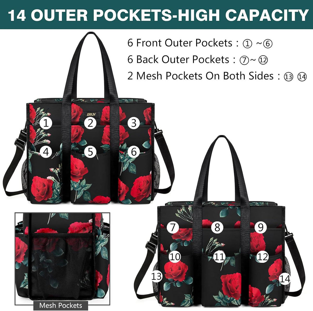 Utility Tote Bag with 24 Pockets, Large Teacher Travel Tote for Women