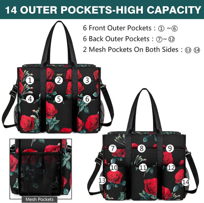 Utility Tote Bag with 24 Pockets, Large Teacher Travel Tote for Women