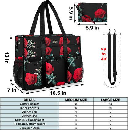 Utility Tote Bag with 24 Pockets, Large Teacher Travel Tote for Women