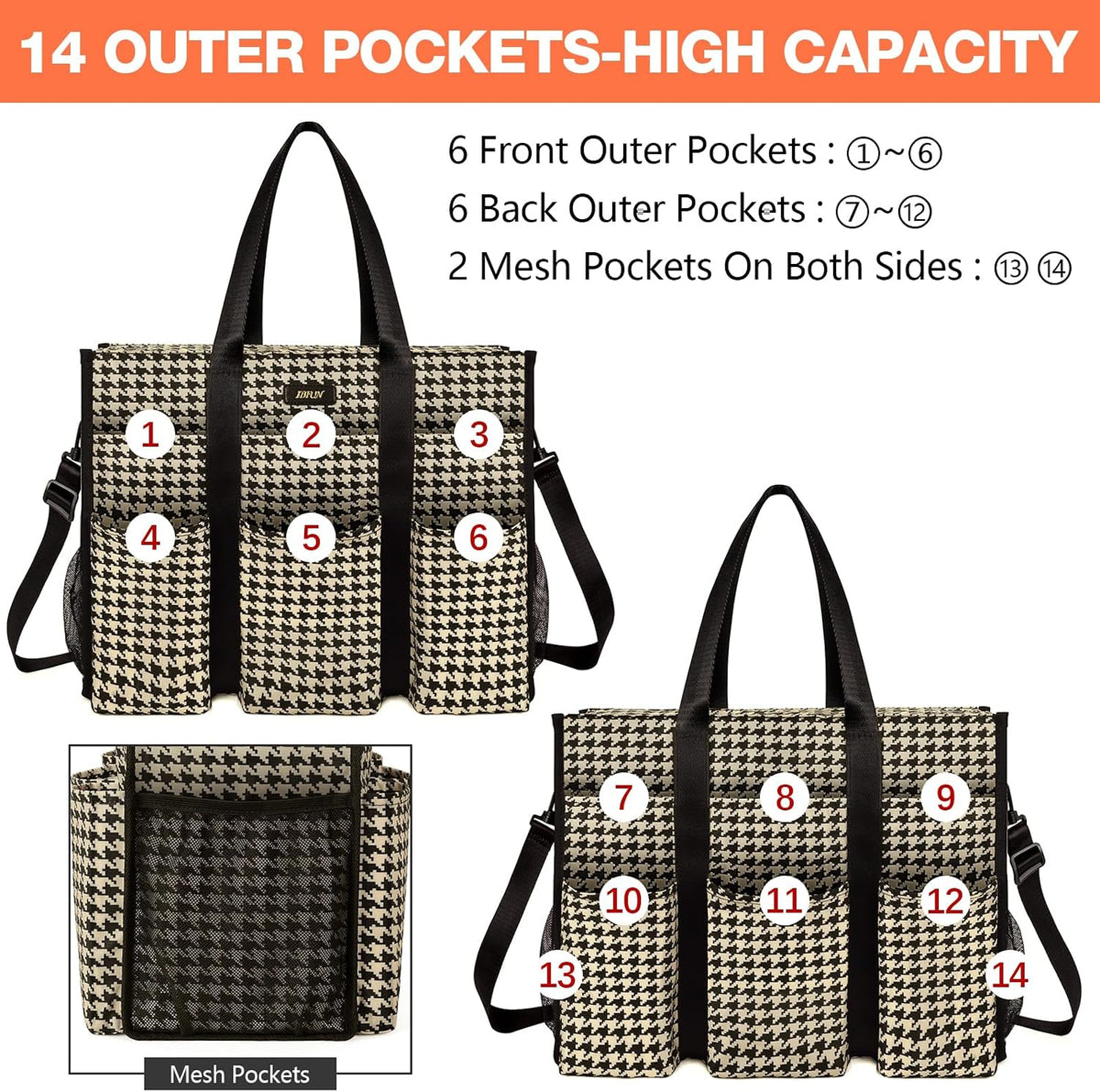 Utility Tote Bag with 24 Pockets, Large Teacher Travel Tote for Women