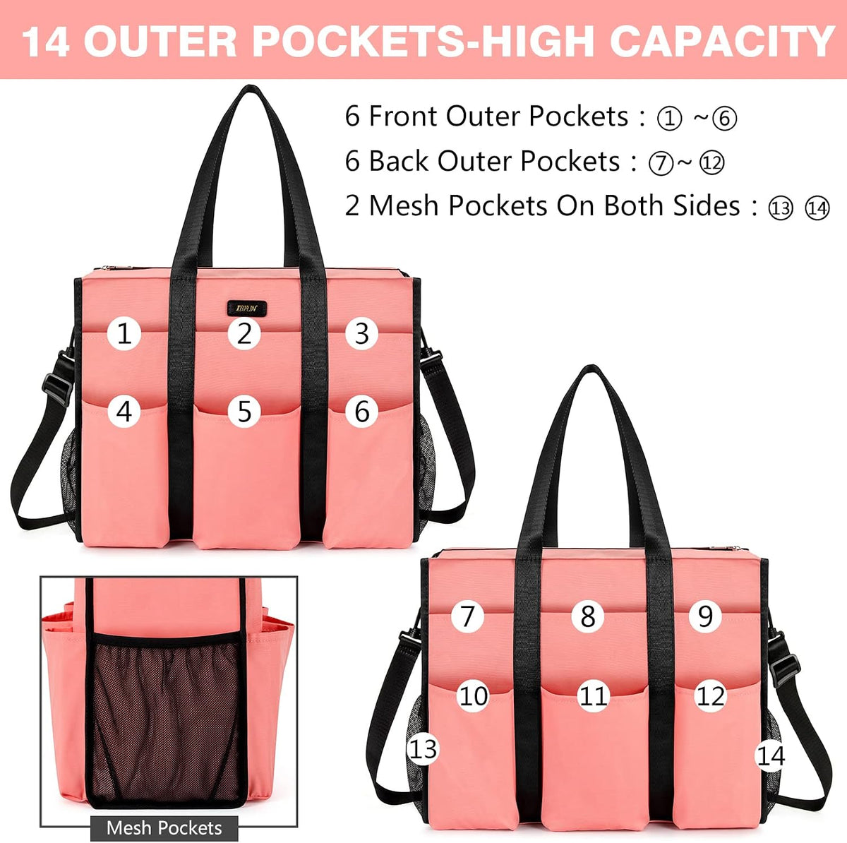 Utility Tote Bag with 24 Pockets, Large Teacher Travel Tote for Women