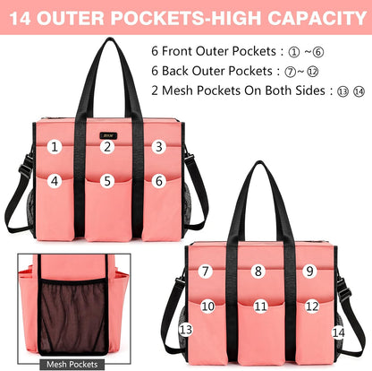Utility Tote Bag with 24 Pockets, Large Teacher Travel Tote for Women