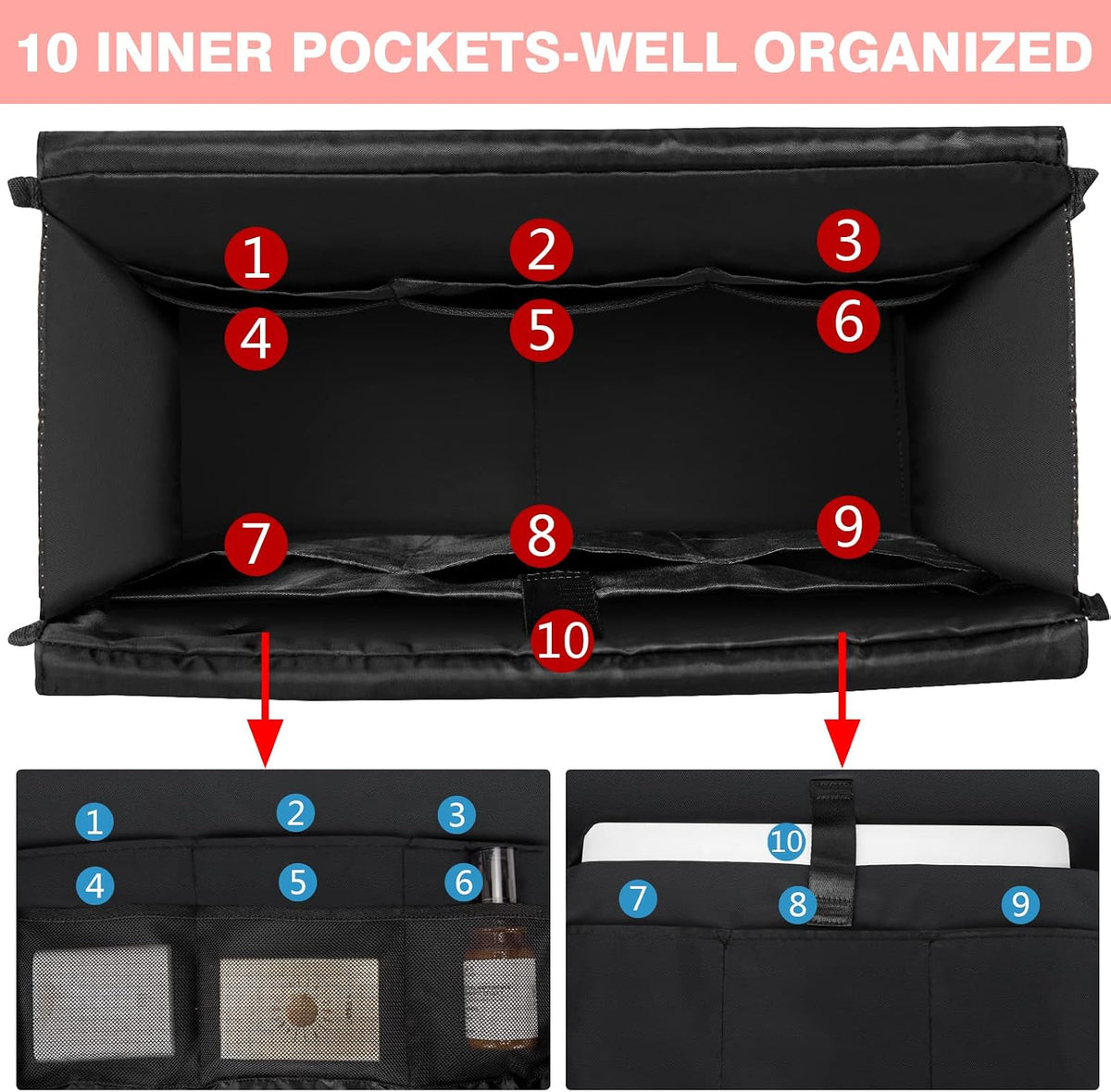 Utility Tote Bag with 24 Pockets, Large Teacher Travel Tote for Women