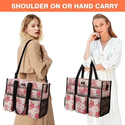 Utility Tote Bag with 24 Pockets, Large Teacher Travel Tote for Women