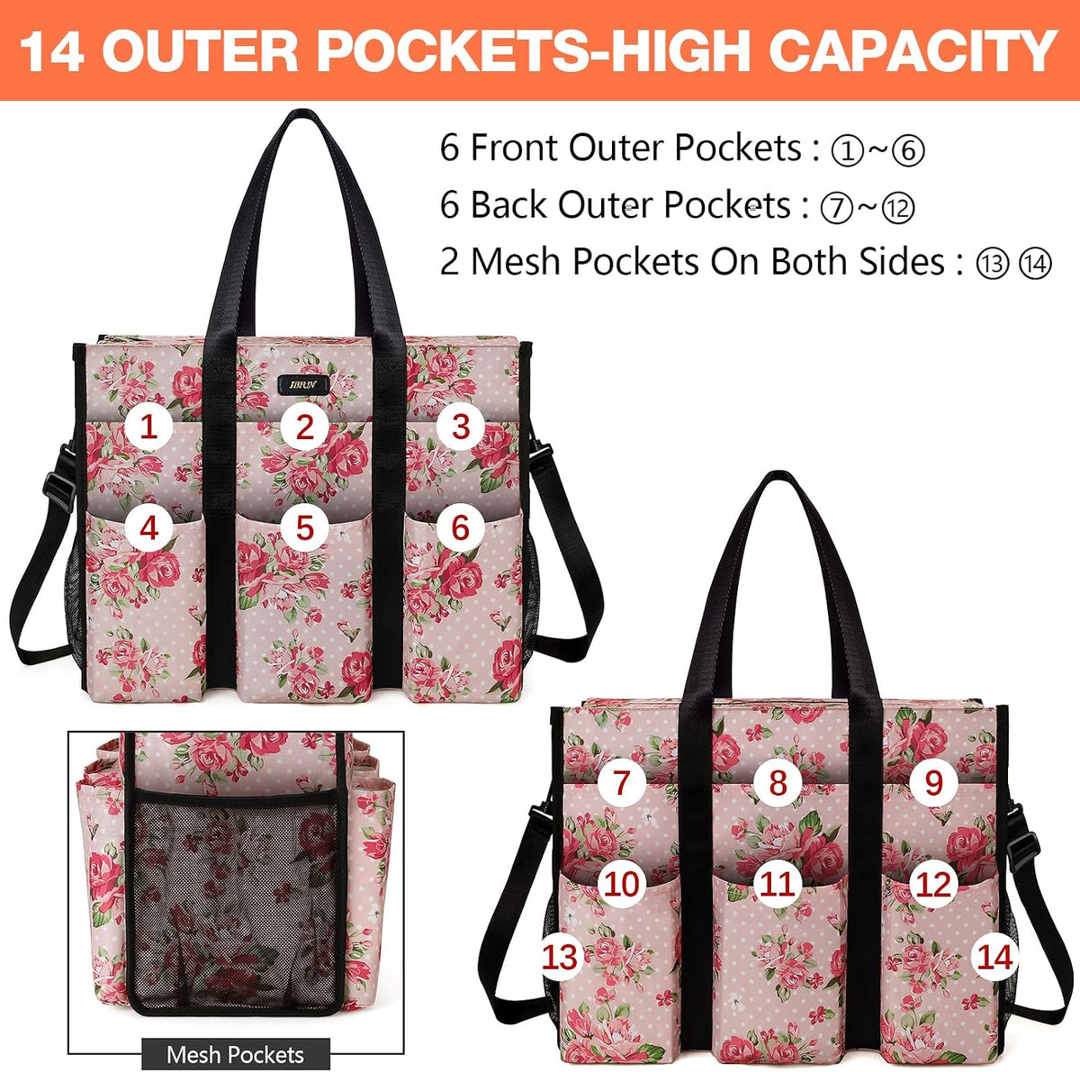 Utility Tote Bag with 24 Pockets, Large Teacher Travel Tote for Women