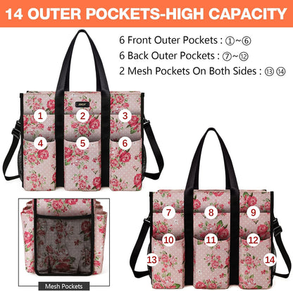Utility Tote Bag with 24 Pockets, Large Teacher Travel Tote for Women