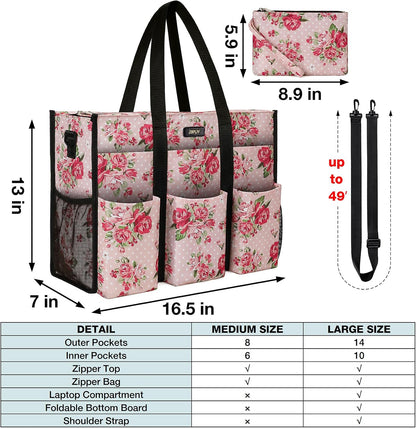 Utility Tote Bag with 24 Pockets, Large Teacher Travel Tote for Women