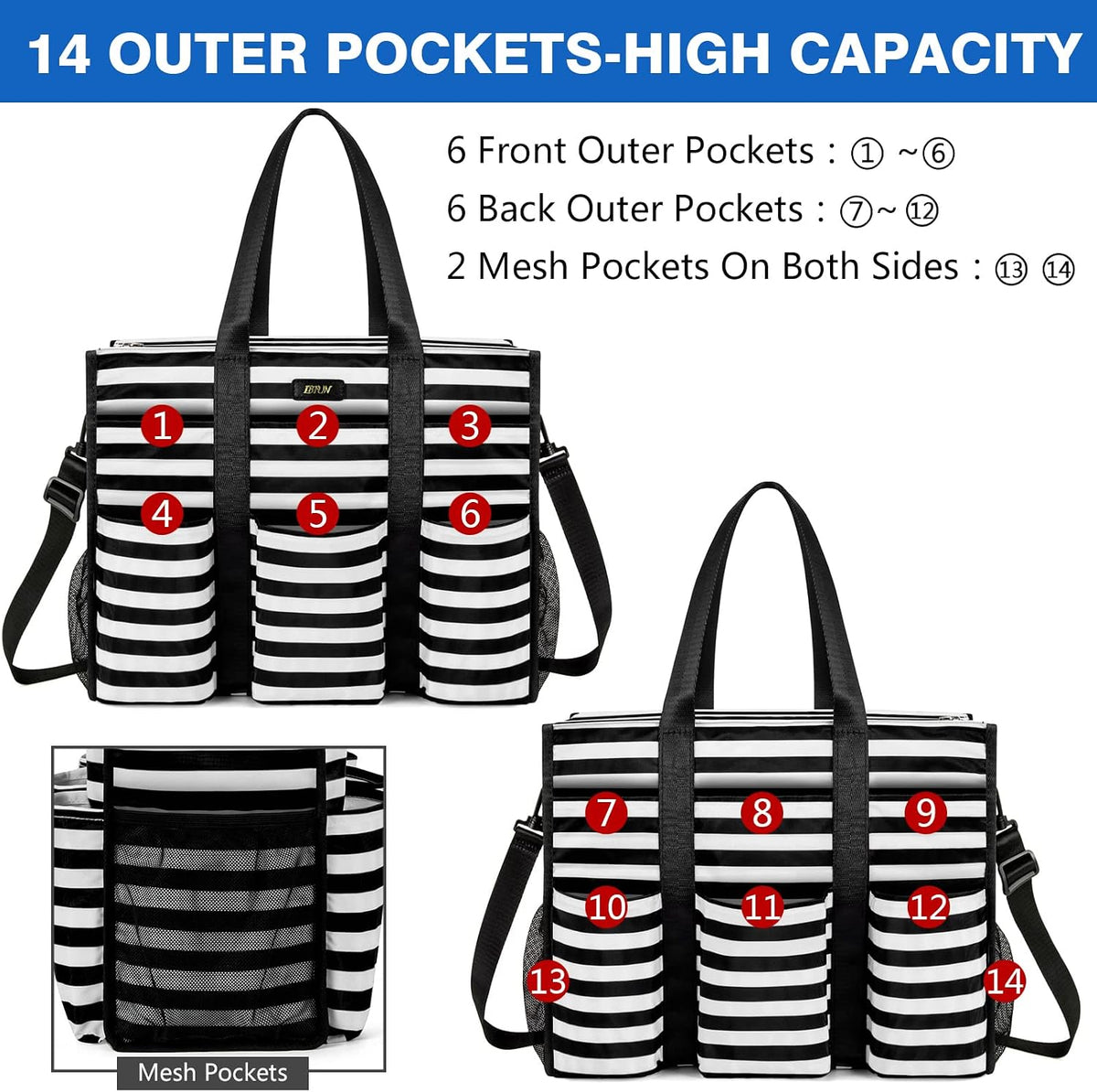 Utility Tote Bag with 24 Pockets, Large Teacher Travel Tote for Women
