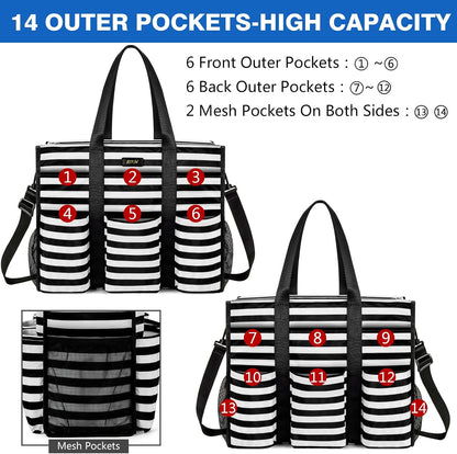 Utility Tote Bag with 24 Pockets, Large Teacher Travel Tote for Women