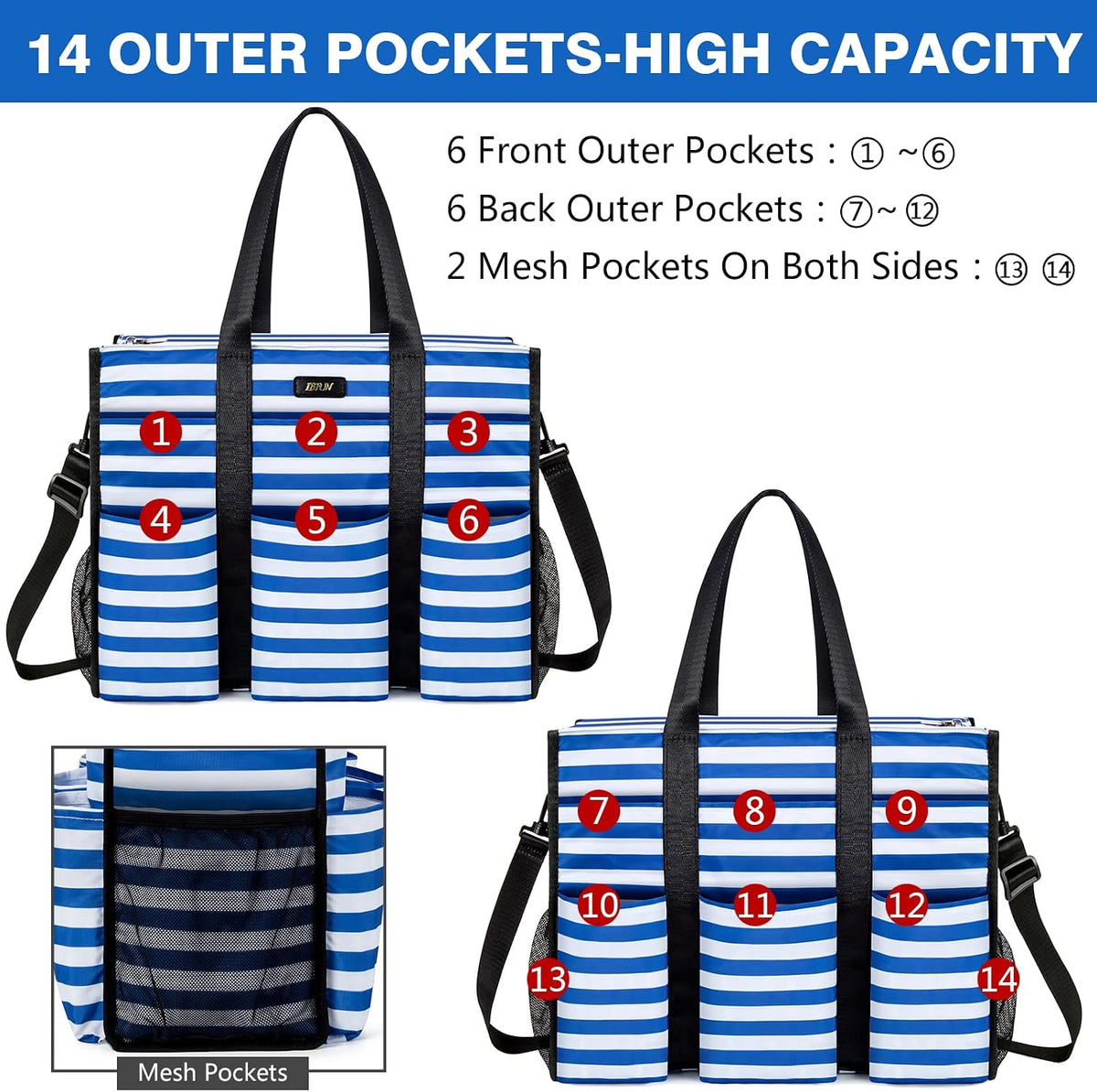Utility Tote Bag with 24 Pockets, Large Teacher Travel Tote for Women