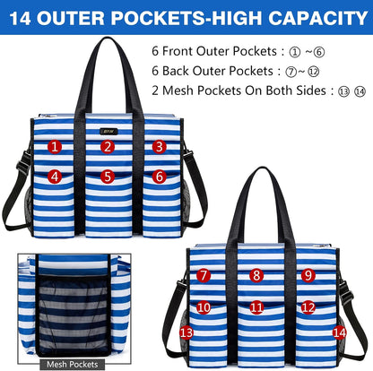 Utility Tote Bag with 24 Pockets, Large Teacher Travel Tote for Women