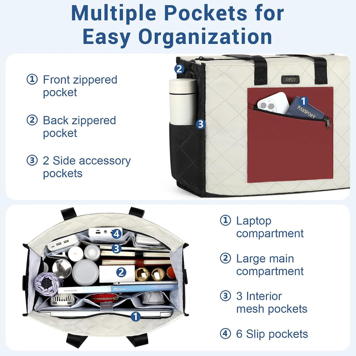 Utility Tote Bag with 24 Pockets, Large Teacher Travel Tote for Women