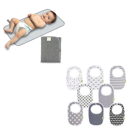 Portable Diaper Changing Pad and 8-Pack Baby Bibs for Girls & Boys - Waterproof Foldable Baby Changing Mat - Teething Baby Bibs for Boy, Girl - Travel Diaper Change Mat