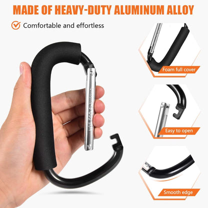 Stroller Hooks 6.3" Large Heavy Duty Carabiner Clips with Foam Handle Mommy Hook Accessories for Outdoor Hanging Diaper Shopping Grocery Bags