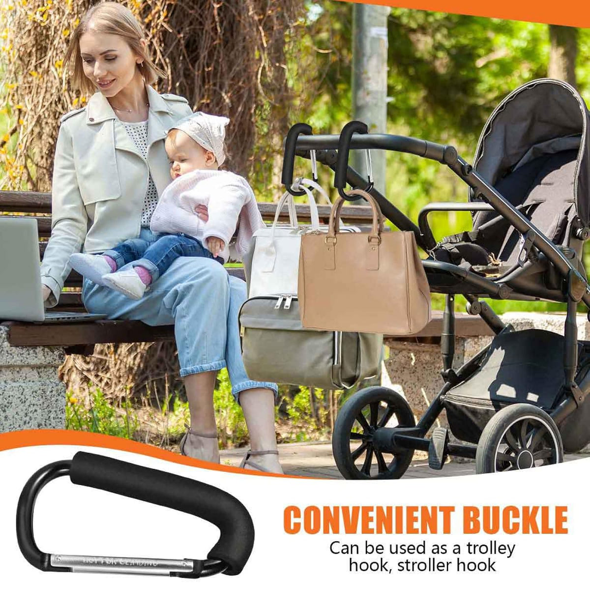 Stroller Hooks 6.3" Large Heavy Duty Carabiner Clips with Foam Handle Mommy Hook Accessories for Outdoor Hanging Diaper Shopping Grocery Bags