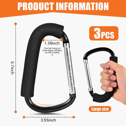 Stroller Hooks 6.3" Large Heavy Duty Carabiner Clips with Foam Handle Mommy Hook Accessories for Outdoor Hanging Diaper Shopping Grocery Bags