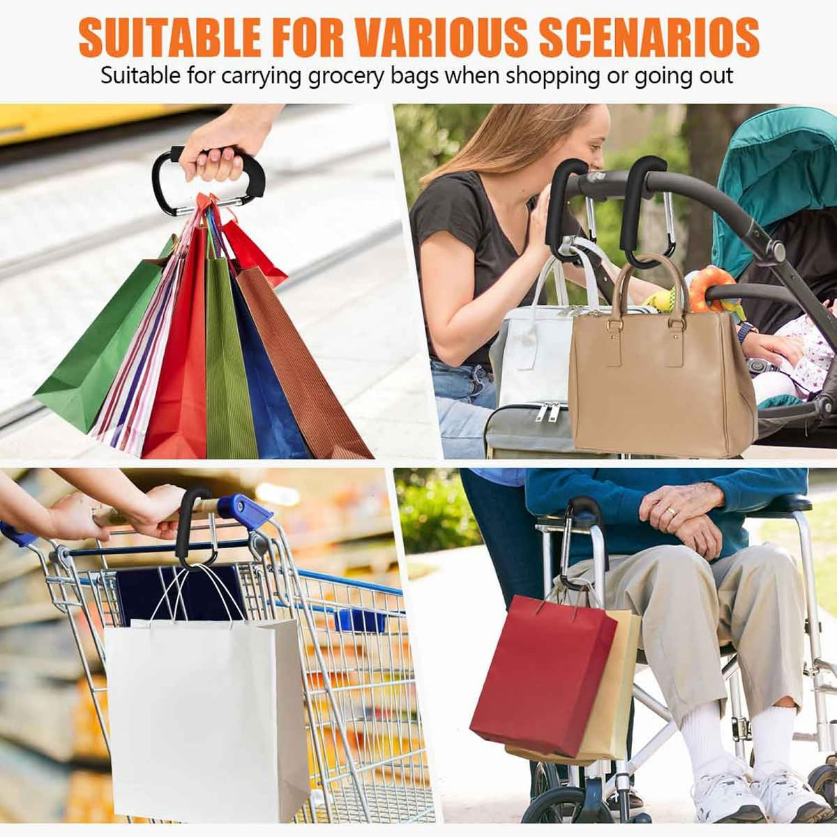 Stroller Hooks 6.3" Large Heavy Duty Carabiner Clips with Foam Handle Mommy Hook Accessories for Outdoor Hanging Diaper Shopping Grocery Bags