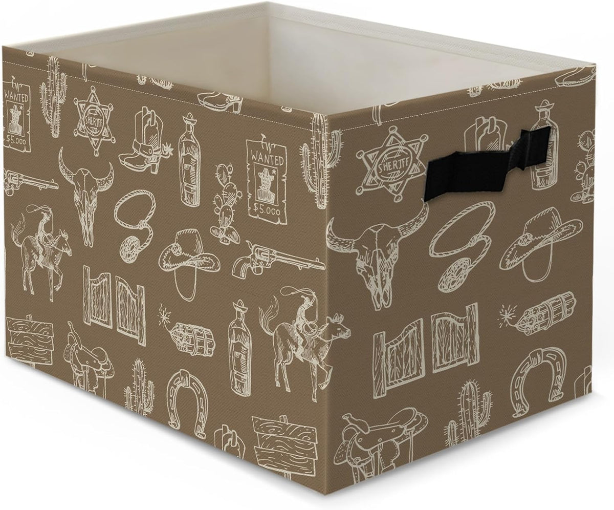 Boho Western Cowboy Storage Bins Box, Rustic Country Southwestern Cactus Bull Skull Horse Collapsible Organizer Basket with Handles for Bedroom Laundry Room Kids Nursery Clothes Toys Books