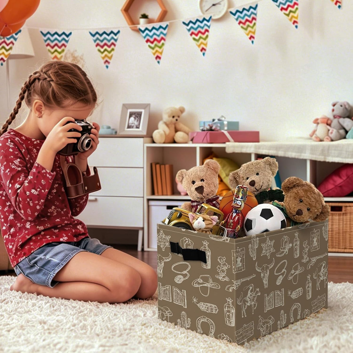 Boho Western Cowboy Storage Bins Box, Rustic Country Southwestern Cactus Bull Skull Horse Collapsible Organizer Basket with Handles for Bedroom Laundry Room Kids Nursery Clothes Toys Books