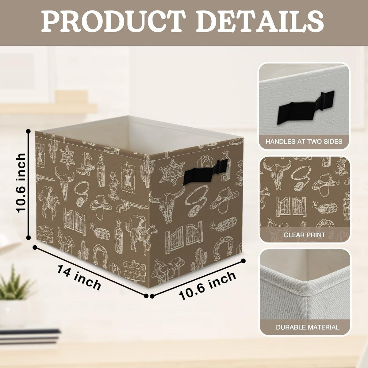 Boho Western Cowboy Storage Bins Box, Rustic Country Southwestern Cactus Bull Skull Horse Collapsible Organizer Basket with Handles for Bedroom Laundry Room Kids Nursery Clothes Toys Books