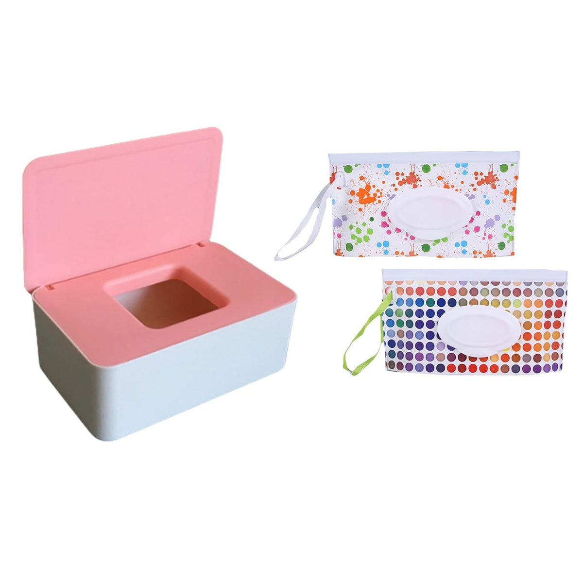 Wipes Dispenser, Wet Wipe Holder with 2Pcs Refillable Wipe Holder, Reusable Wipe Box, White+pink, Plastic, Rectangular