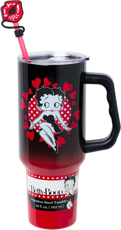 Betty Boop Core Cute Pose, Stainless Steel Tumbler, 40oz | Sitting, Hearts and Dots, Straw Cover Cap, Handle, Lid, Double Walled, Fits in Cup Holder, 1.18 Liters - Colors A